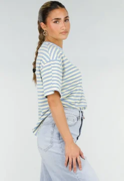 Geel Blauw Gestreept T-shirt met Korte Mouwen en Ronde Hals