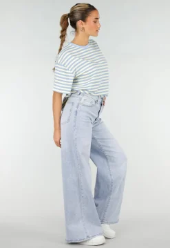 Geel Blauw Gestreept T-shirt met Korte Mouwen en Ronde Hals