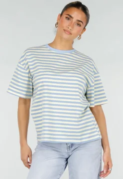 Geel Blauw Gestreept T-shirt met Korte Mouwen en Ronde Hals