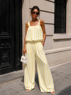 Geel Witte Gestreepte Two Piece Set met Mouwloze Top en Wide Leg Broek