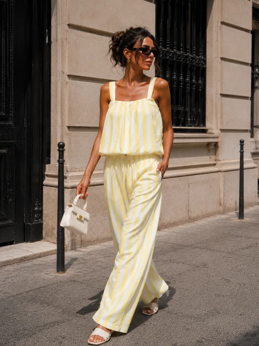 Geel Witte Gestreepte Two Piece Set met Mouwloze Top en Wide Leg Broek