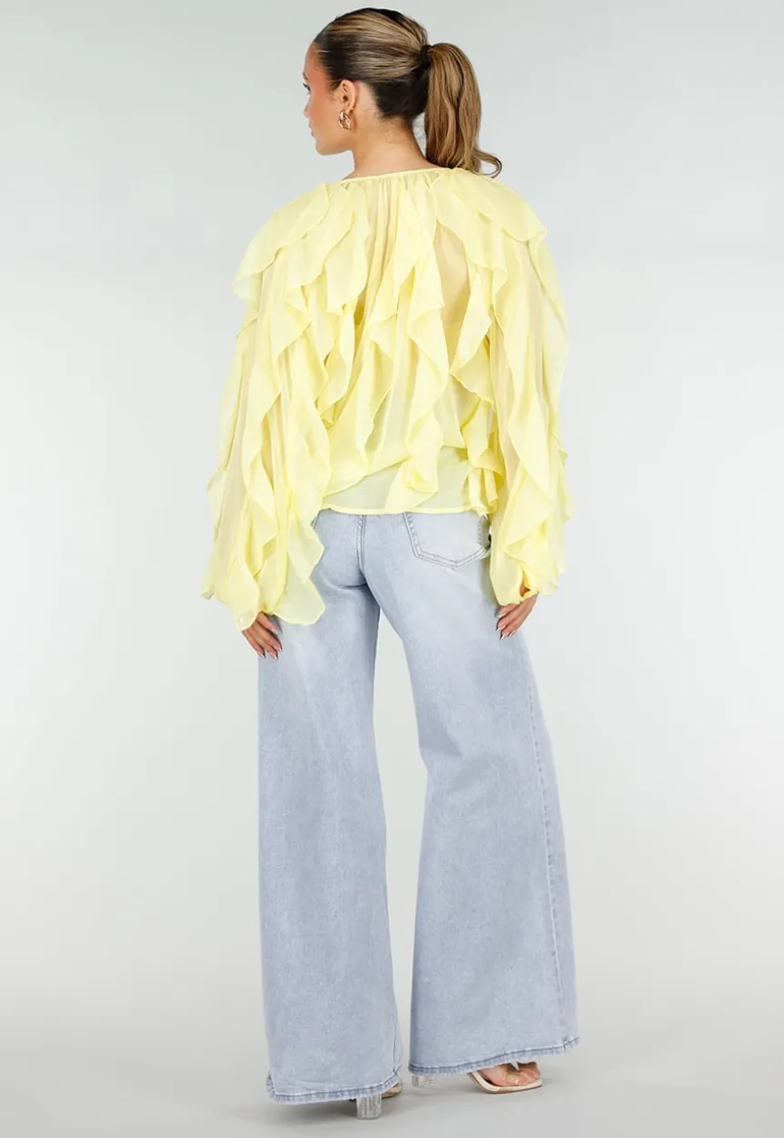 Gele Chiffon Blouse met Ruffles Lange Mouwen en Knopen