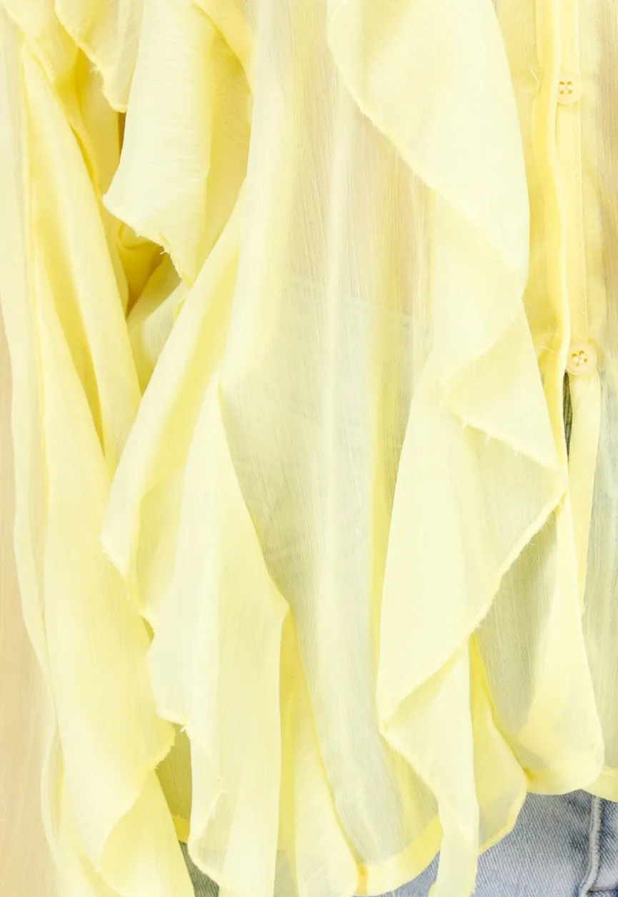Gele Chiffon Blouse met Ruffles Lange Mouwen en Knopen