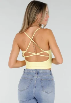 Gele Crop Top met Pads en Gekruiste Bandjes