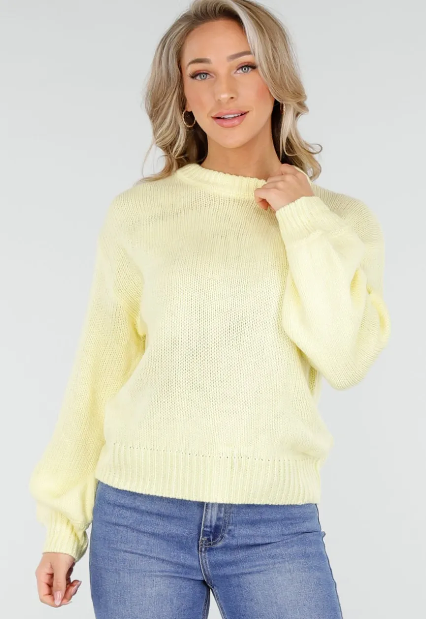Gele Grofgebreide Oversized Trui met Ronde Hals