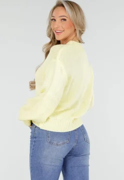 Gele Grofgebreide Oversized Trui met Ronde Hals