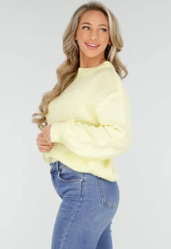 Gele Grofgebreide Oversized Trui met Ronde Hals