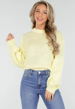 Gele Grofgebreide Oversized Trui met Ronde Hals