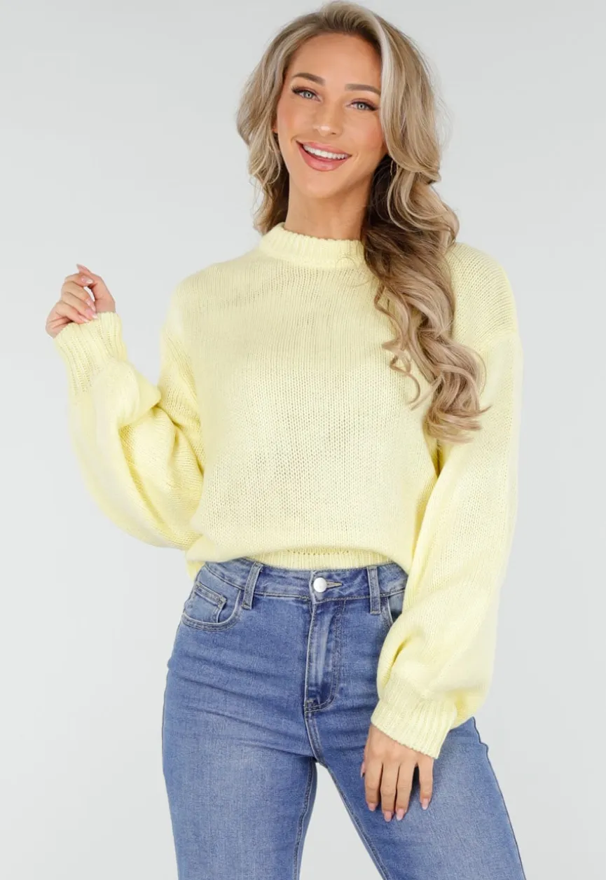 Gele Grofgebreide Oversized Trui met Ronde Hals