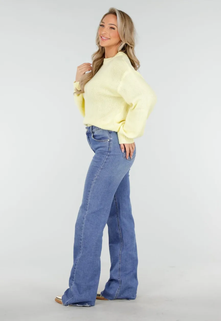 Gele Grofgebreide Oversized Trui met Ronde Hals