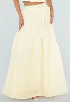 Gele Maxi Rok met Strikceintuur en Elastische Taille