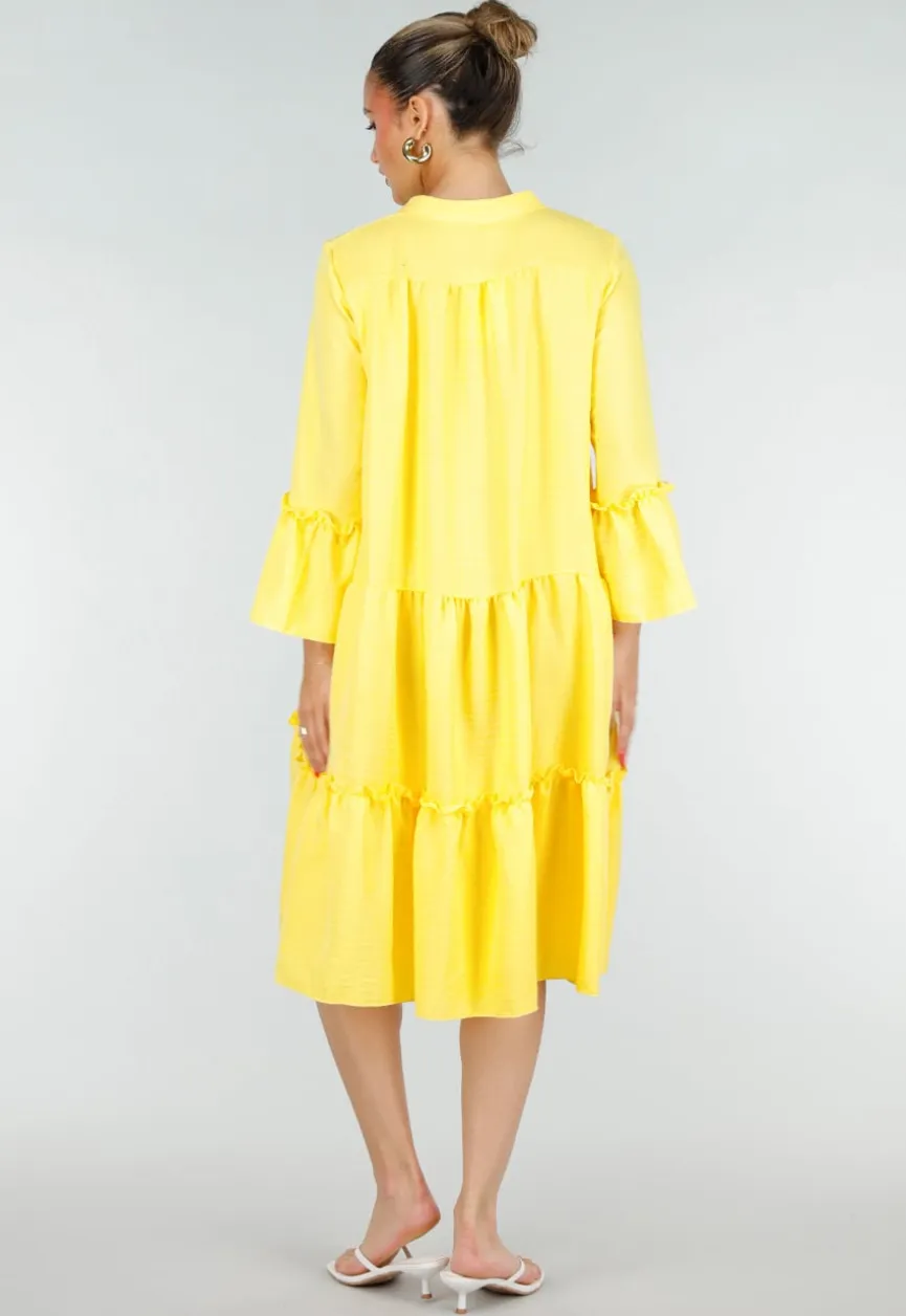 Gele Midi Jurk met V-hals en Ruffle Details