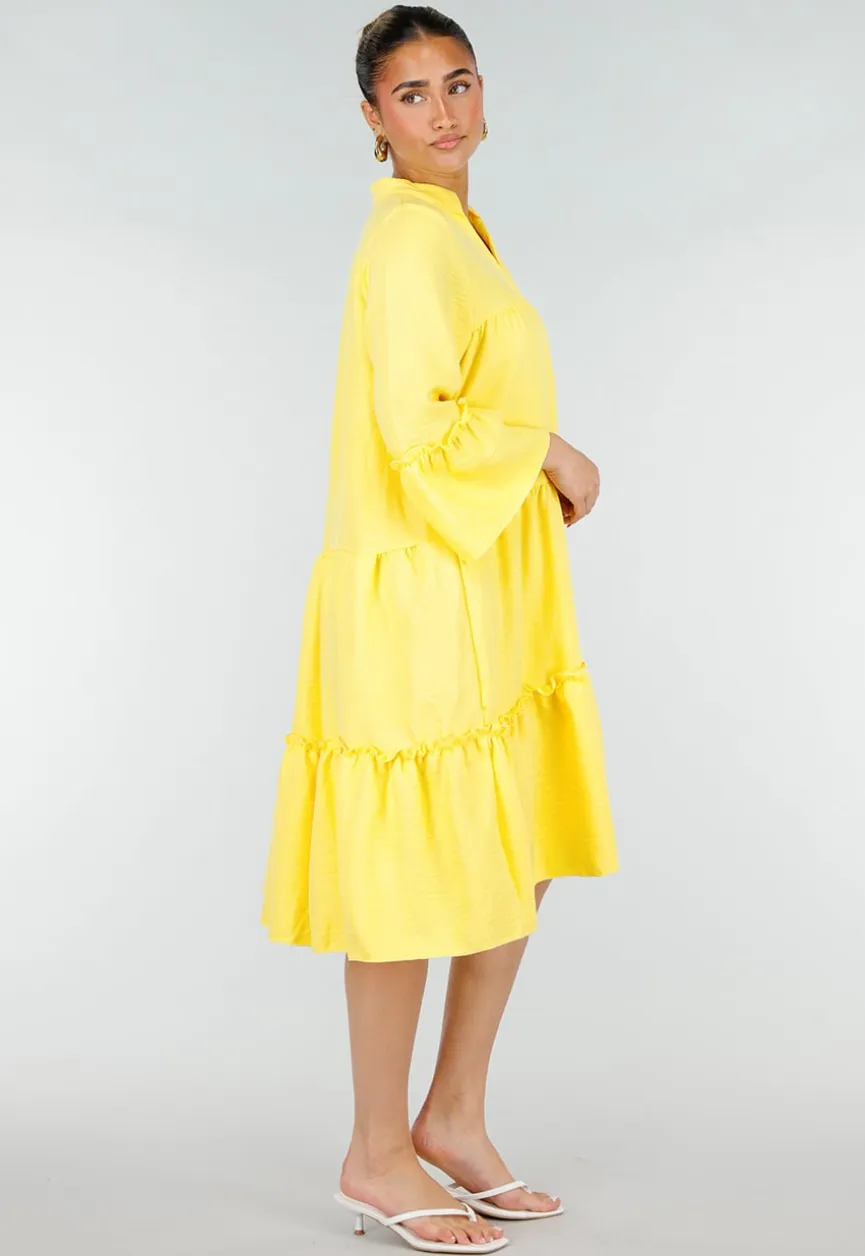 Gele Midi Jurk met V-hals en Ruffle Details