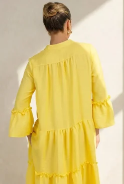 Gele Midi Jurk met V-hals en Ruffle Details