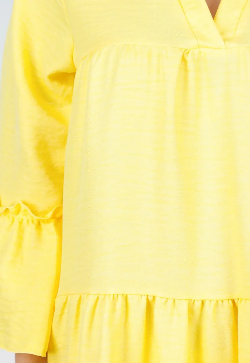 Gele Midi Jurk met V-hals en Ruffle Details