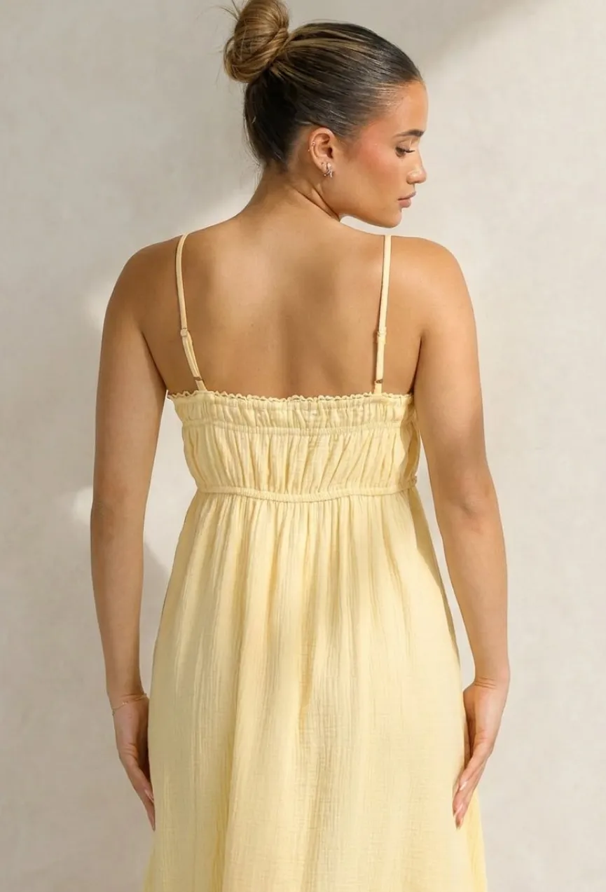 Gele Mousseline Maxi Jurk met Spaghettibandjes en Smokdetail