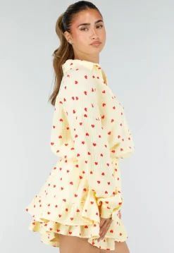 Gele Mousseline 2-Piece Set met Hartjesprint en Rokje