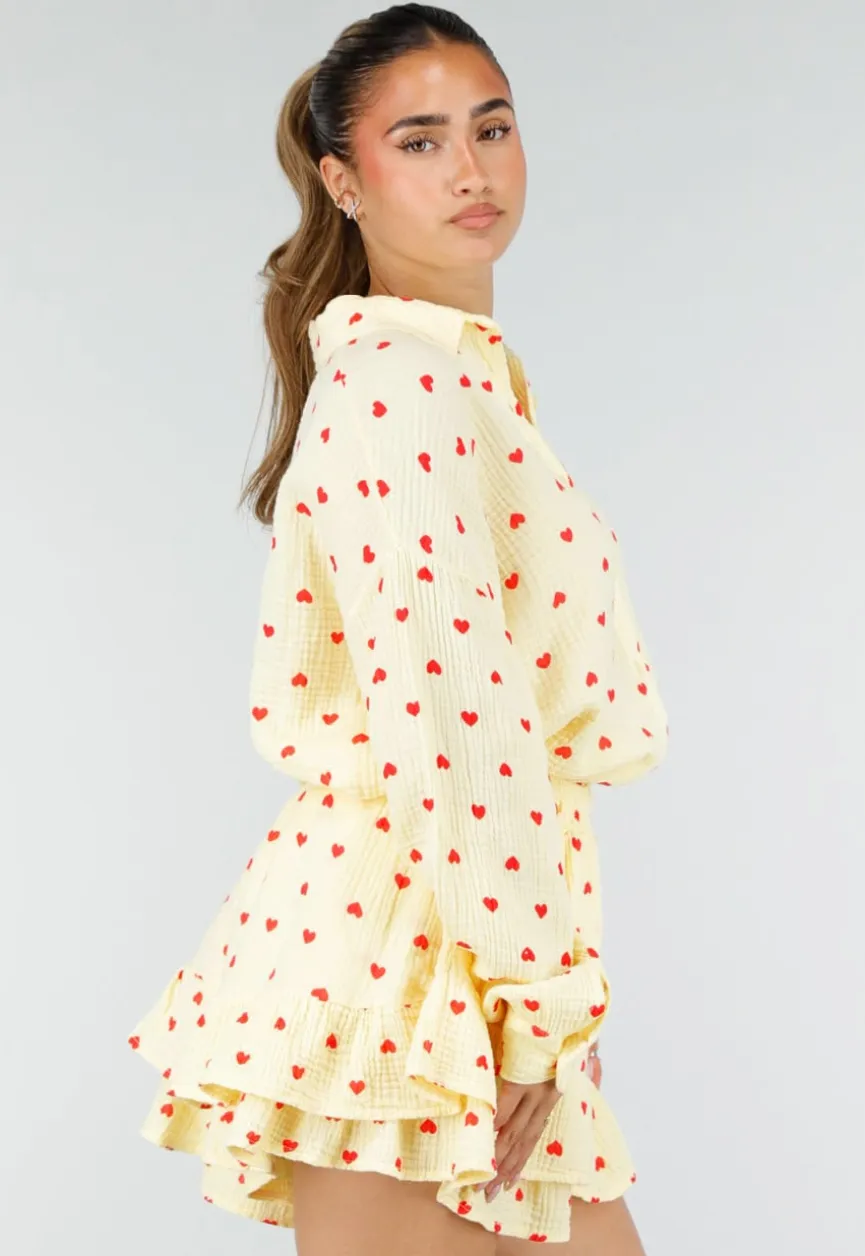 Gele Mousseline 2-Piece Set met Hartjesprint en Rokje