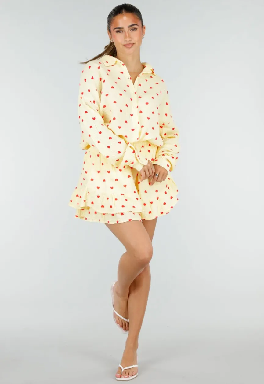 Gele Mousseline 2-Piece Set met Hartjesprint en Rokje