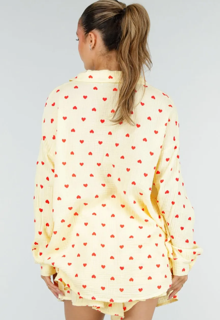 Gele Mousseline 2-Piece Set met Hartjesprint en Rokje