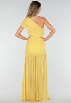 Gele One Shoulder Mesh Maxi Jurk met Split en Drapering