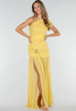 Gele One Shoulder Mesh Maxi Jurk met Split en Drapering