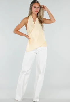 Gele Satijnen Halter Top met Overslag en Asymmetrische Zoom