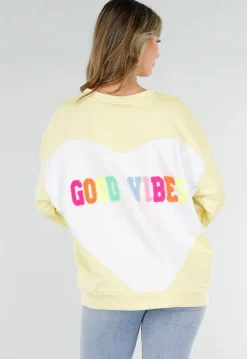 Gele Sweater met Good Vibes Print op Rug