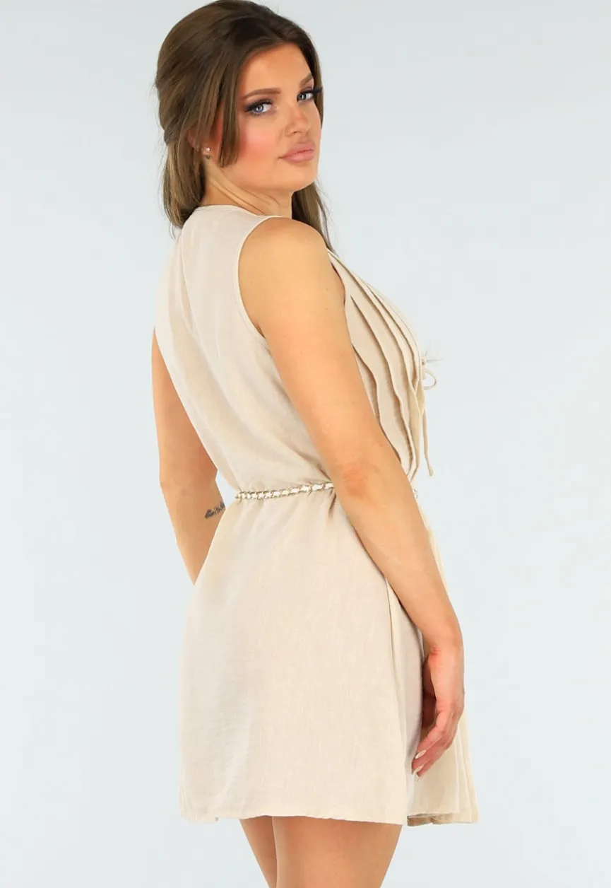 Geplooid Beige Jurkje met Striksluiting en Losse Fit