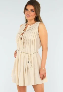 Geplooid Beige Jurkje met Striksluiting en Losse Fit