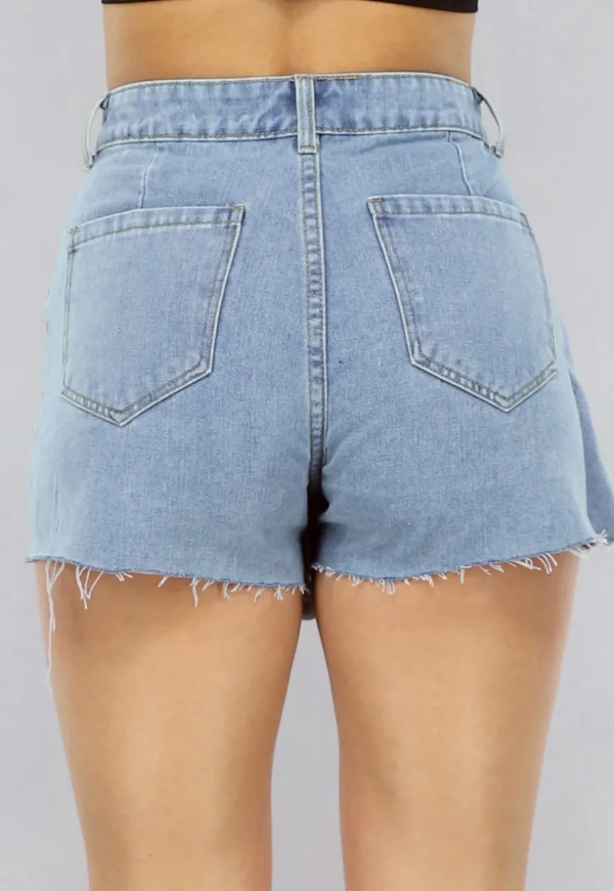 Geplooide Denim Overslag Skort in Lichtblauw met Knopen