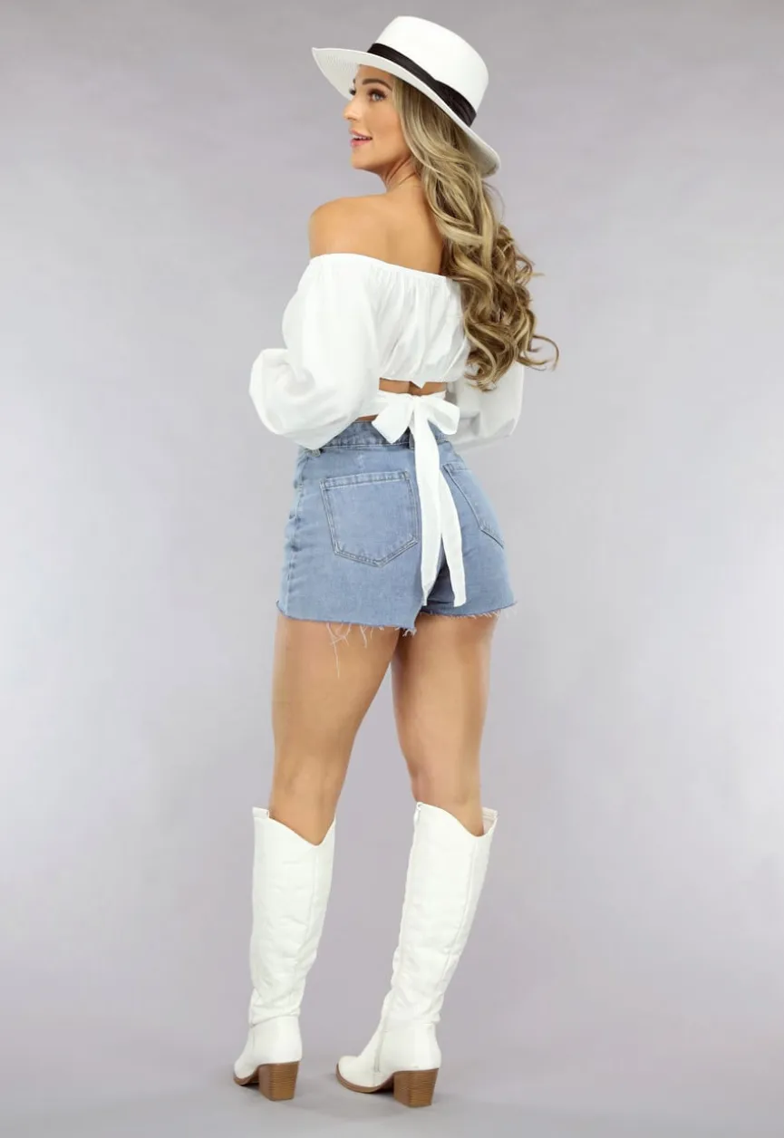 Geplooide Denim Overslag Skort in Lichtblauw met Knopen
