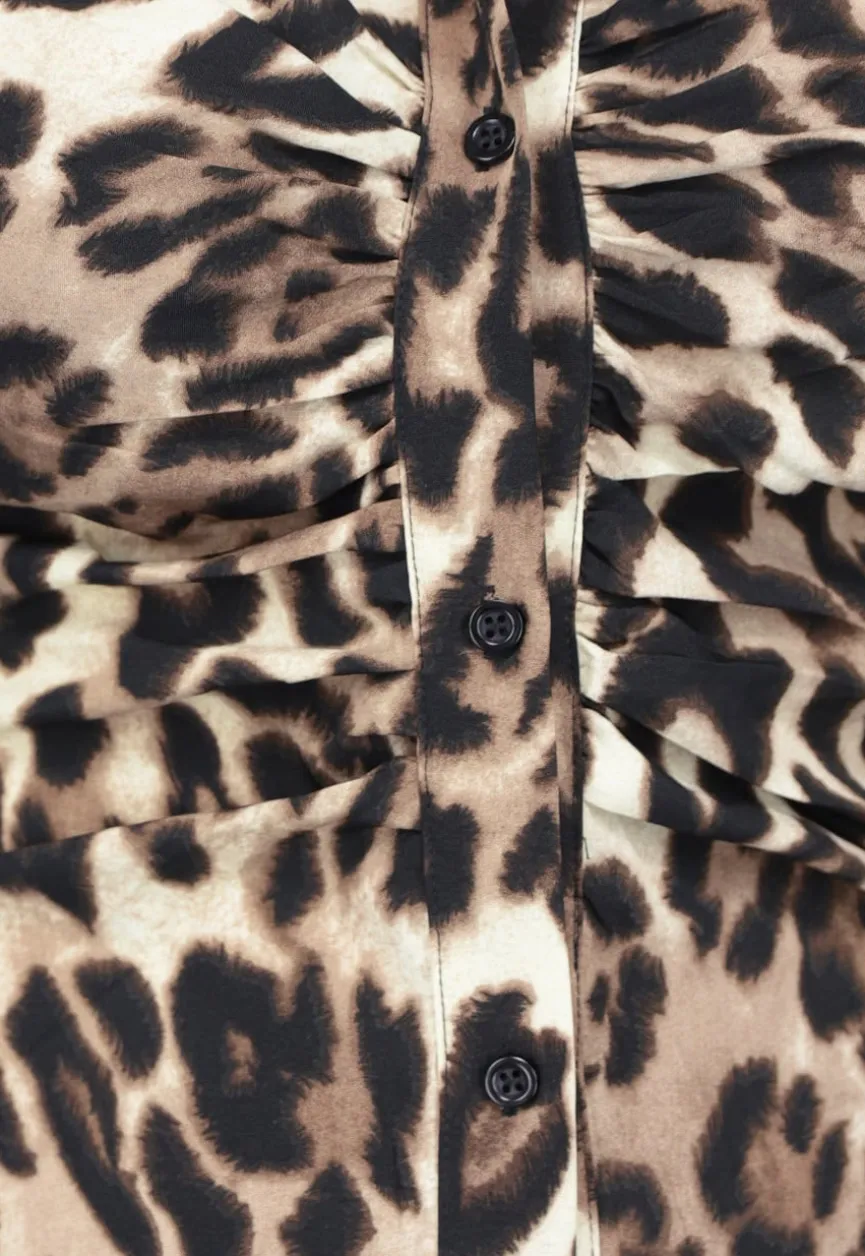 Geplooide Longsleeve Midi Jurk met Panterprint