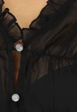 Geplooide See Through Zwarte Ruches Blouse met Knoopjes