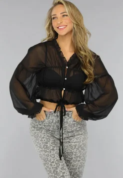 Geplooide See Through Zwarte Ruches Blouse met Knoopjes