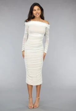 Geplooide Witte Off Shoulder Mesh Jurk