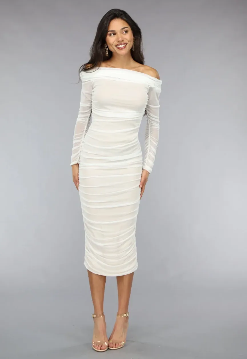 Geplooide Witte Off Shoulder Mesh Jurk