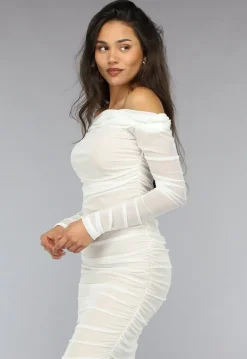 Geplooide Witte Off Shoulder Mesh Jurk