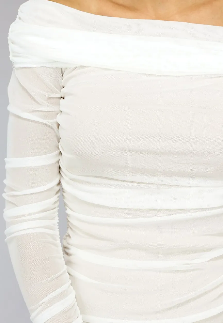 Geplooide Witte Off Shoulder Mesh Jurk