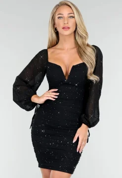Geplooide Zwarte Glitter Jurk met V Decolleté met Chiffon Mouwen