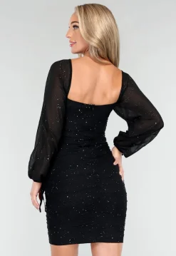 Geplooide Zwarte Glitter Jurk met V Decolleté met Chiffon Mouwen
