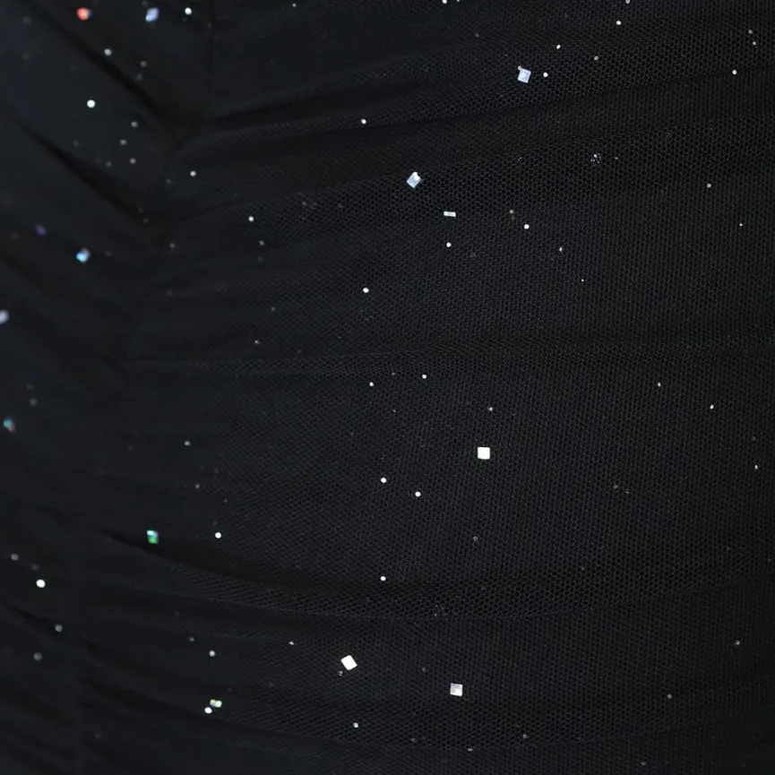 Geplooide Zwarte Glitter Jurk met V Decolleté met Chiffon Mouwen