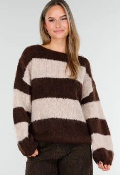 Gestreepte Fluffy Trui in Bruin en Beige met Losvallende Pasvorm