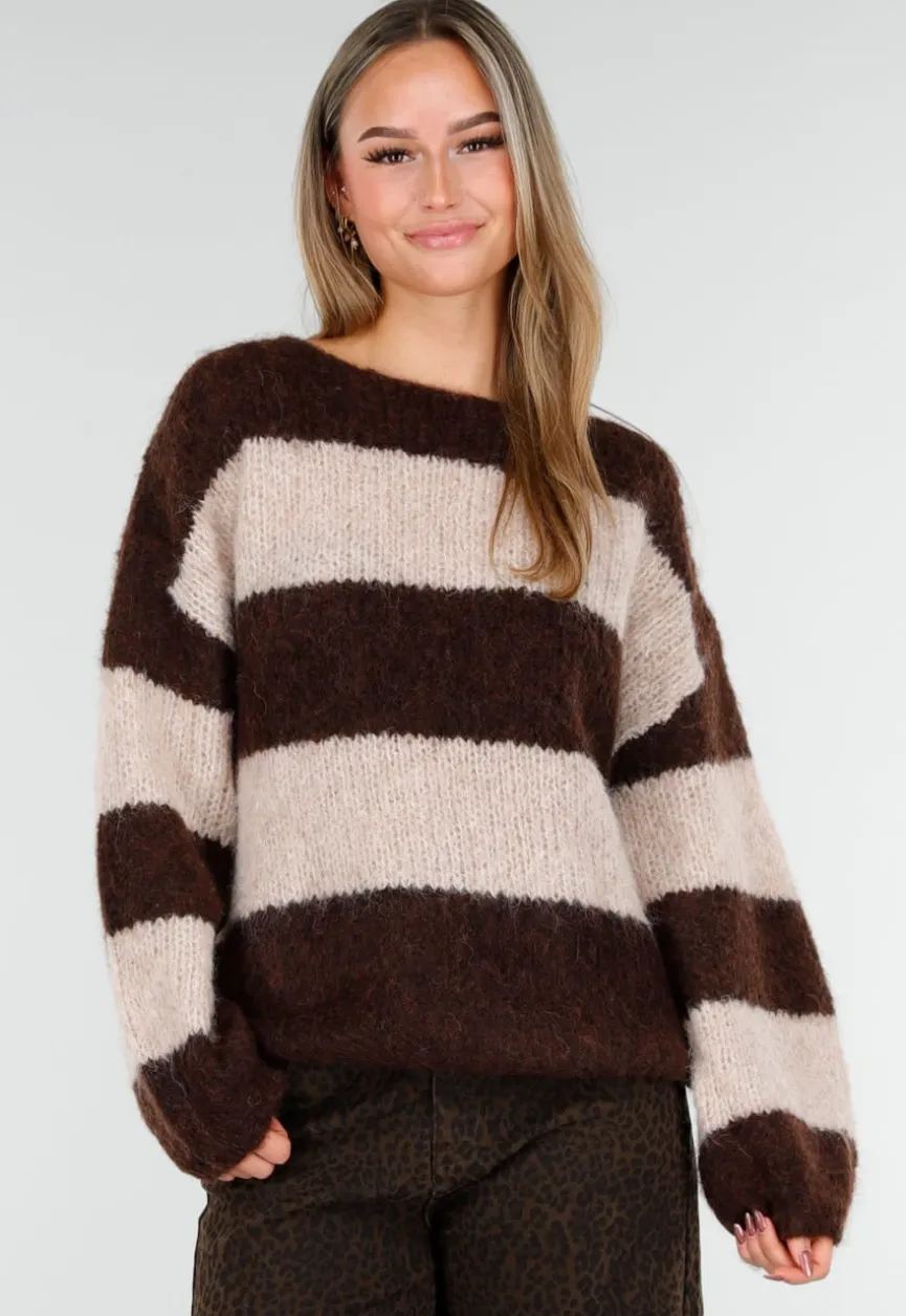 Gestreepte Fluffy Trui in Bruin en Beige met Losvallende Pasvorm