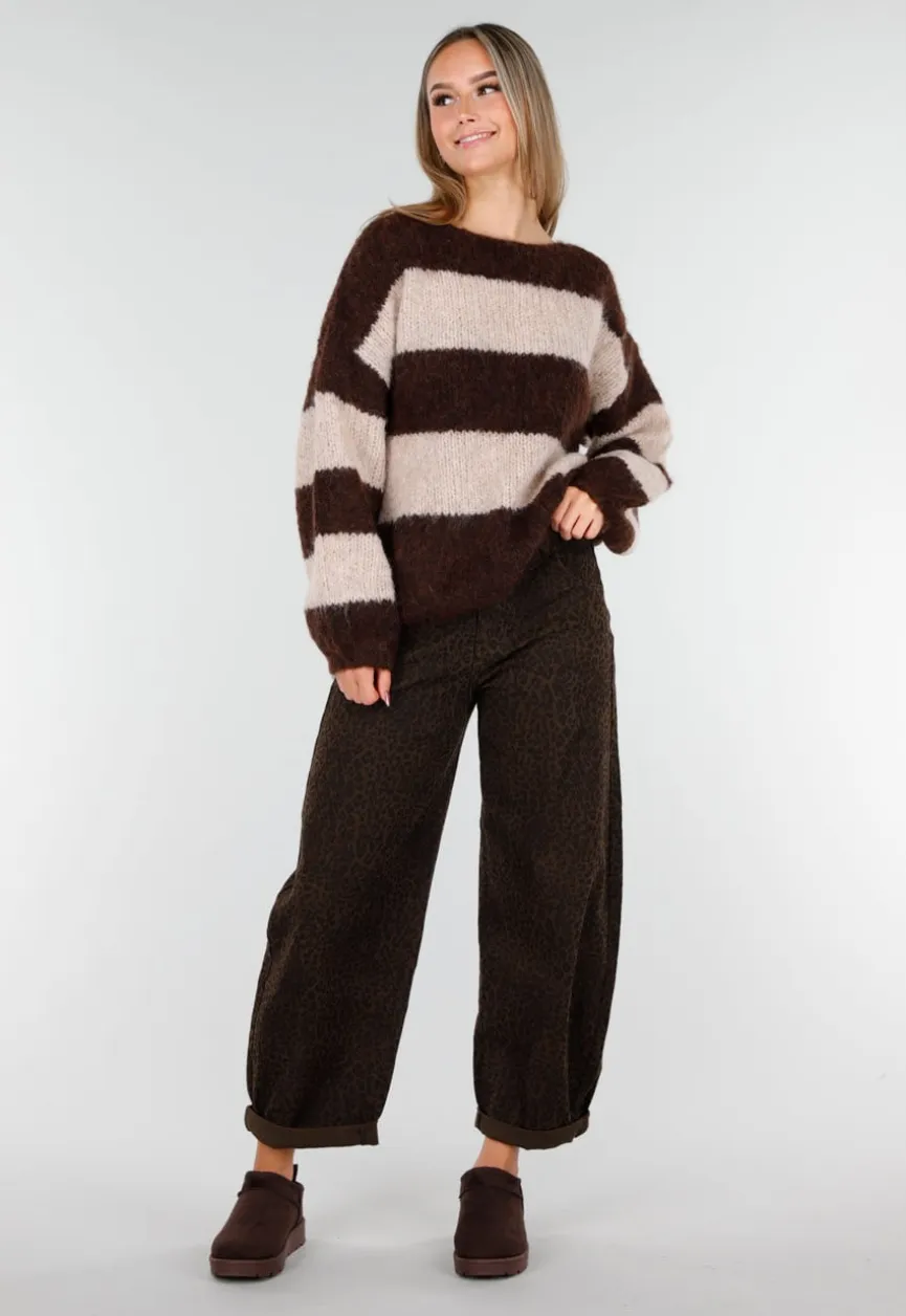 Gestreepte Fluffy Trui in Bruin en Beige met Losvallende Pasvorm