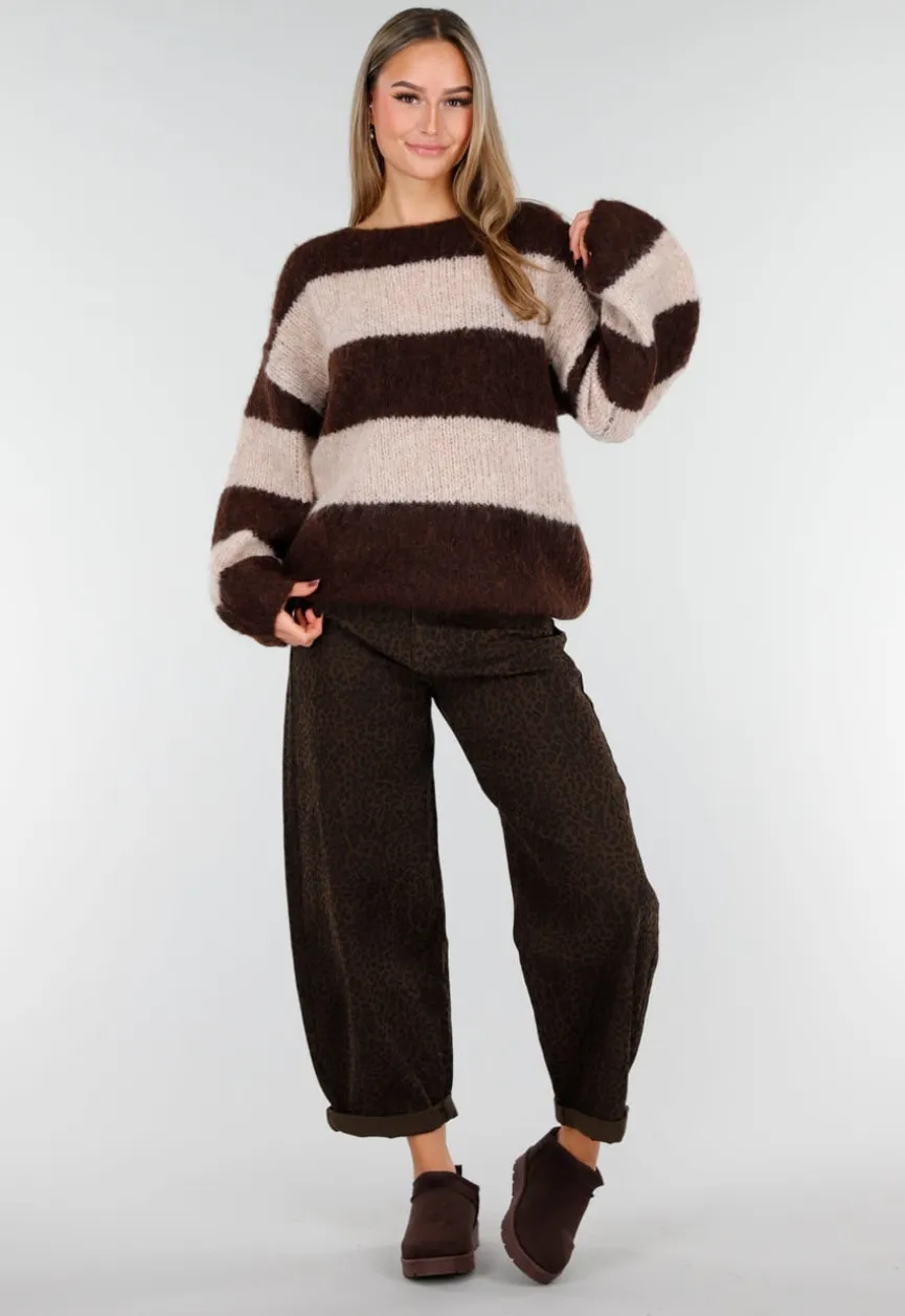 Gestreepte Fluffy Trui in Bruin en Beige met Losvallende Pasvorm