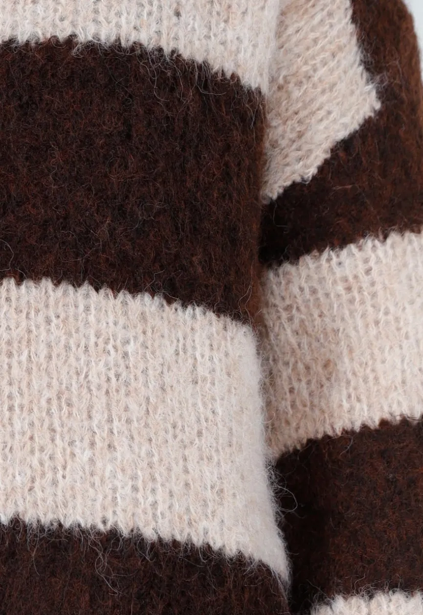 Gestreepte Fluffy Trui in Bruin en Beige met Losvallende Pasvorm