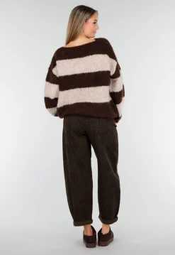 Gestreepte Fluffy Trui in Bruin en Beige met Losvallende Pasvorm
