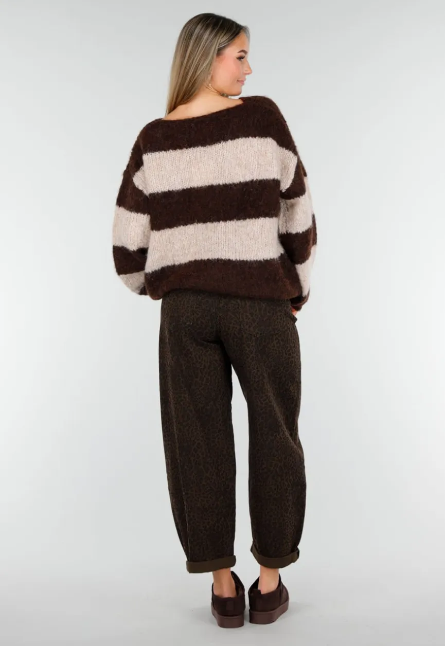 Gestreepte Fluffy Trui in Bruin en Beige met Losvallende Pasvorm