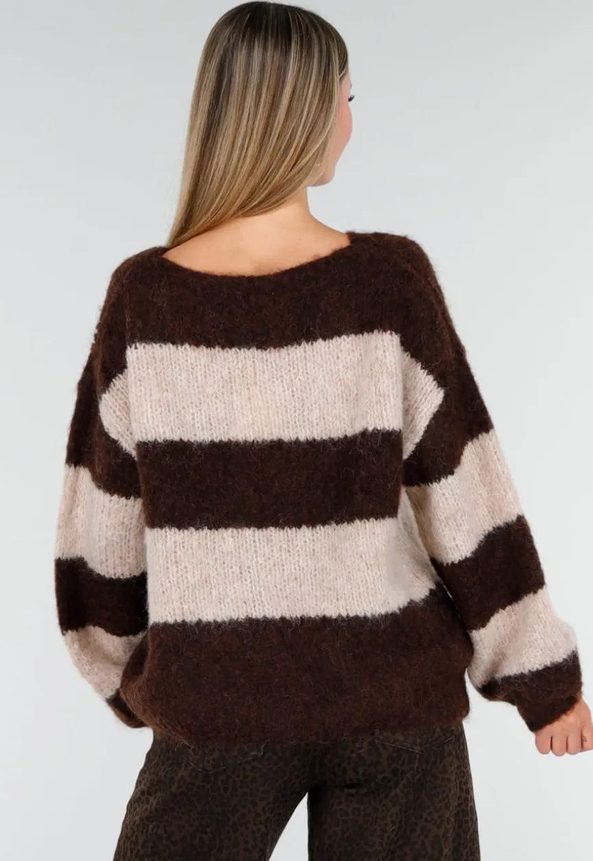 Gestreepte Fluffy Trui in Bruin en Beige met Losvallende Pasvorm